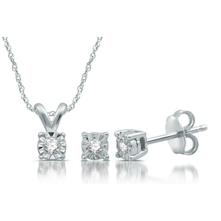 Sterling Silver 1/10 CTTW Diamond Miracle Plate Earring & Pendant Set
