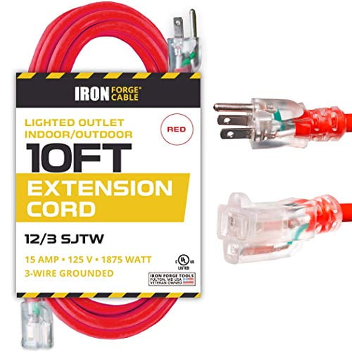 10 Ft Lighted Extension Cord 12/3 SJTW Heavy Duty Red Outdoor