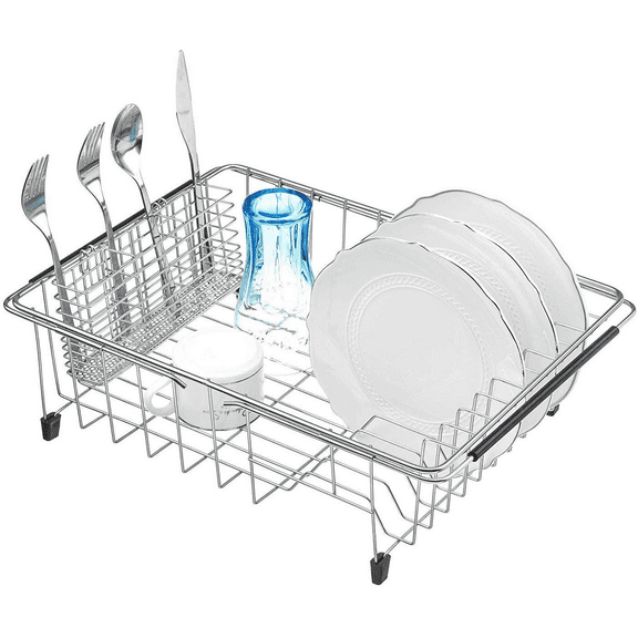SANNO Large Expandable Dish Drying Rack with Utensil Cutlery Holder Sink Dish Rack, Deep Large Dish Drainer Dish Rack in Sink on Counter, Stainless Steel