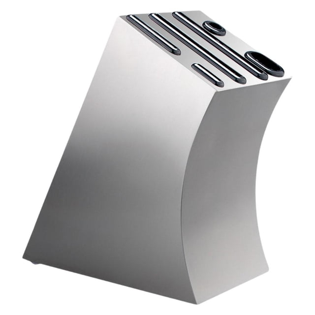 portacuchillos multifunción, suministros de cocina que ahorran espacio, de limpiar, almacenamiento de cuchillos, bloques de cuchillos, portacuch sunnimix soporte de rejilla de cocina — SM SunniMix, color plata; bloque de acero inoxidable de 10.7x11.5x24.3 cm (4.21x4.53x9.57 in) en vista 3/4 con forma curvada, ranuras superiores para varios cuchillos, dos aberturas ovaladas laterales, superficie lisa y base con almohadilla de EVA antideslizante según la ficha; compacto para encimera o escritorio y también adecuado como organizador de utensilios finos.