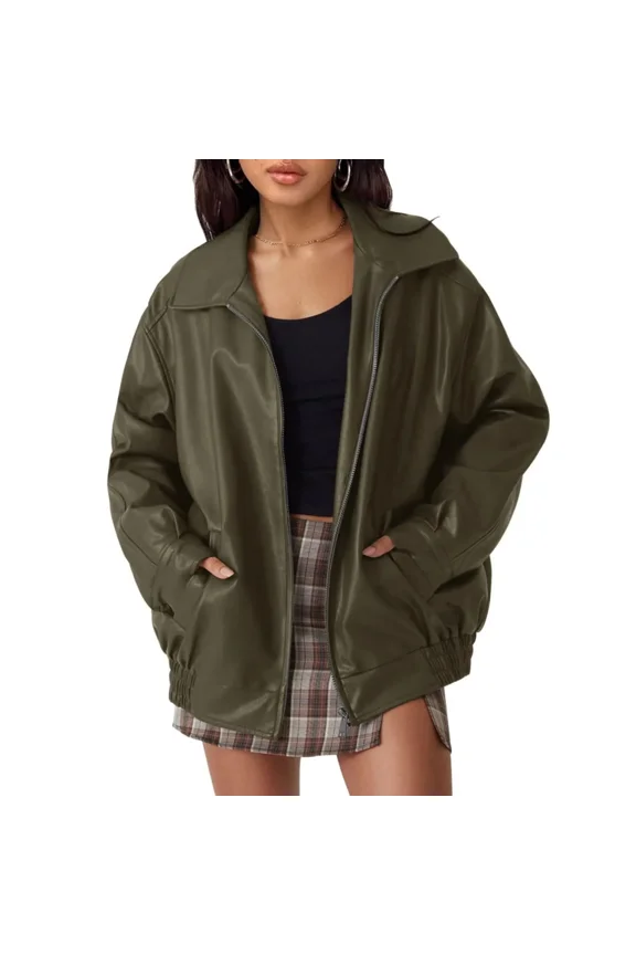 Women's Oversized Leather Jackets Faux Suede Fall Fashion Motorcycle Coats Winter Outerwear