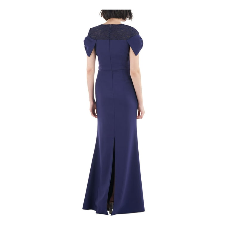 JS COLLECTION Womens Navy Zippered Slitted Bow Detail Cap Sleeves Crew Neck  Full-Length Formal Gown Dress 12 