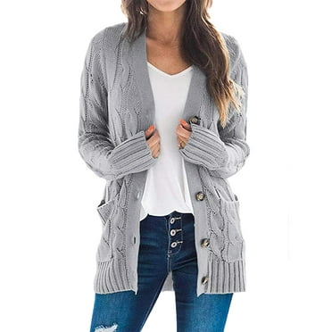 Women'S Long Sleeve Cable Knit Cardigan with Pocket Casual Coat Solid ...