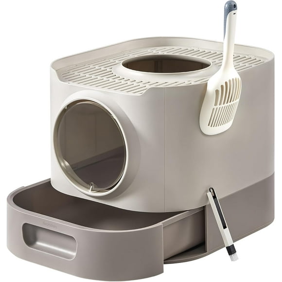 Cat Litter Box with Lid, XL Enclosed Litter Box with Slide-Out Tray, Scoop, Brush, for Large Cat, Anti-Tracking, Anti-Leaking, Oatmeal and Warm Gray UPPT002G01