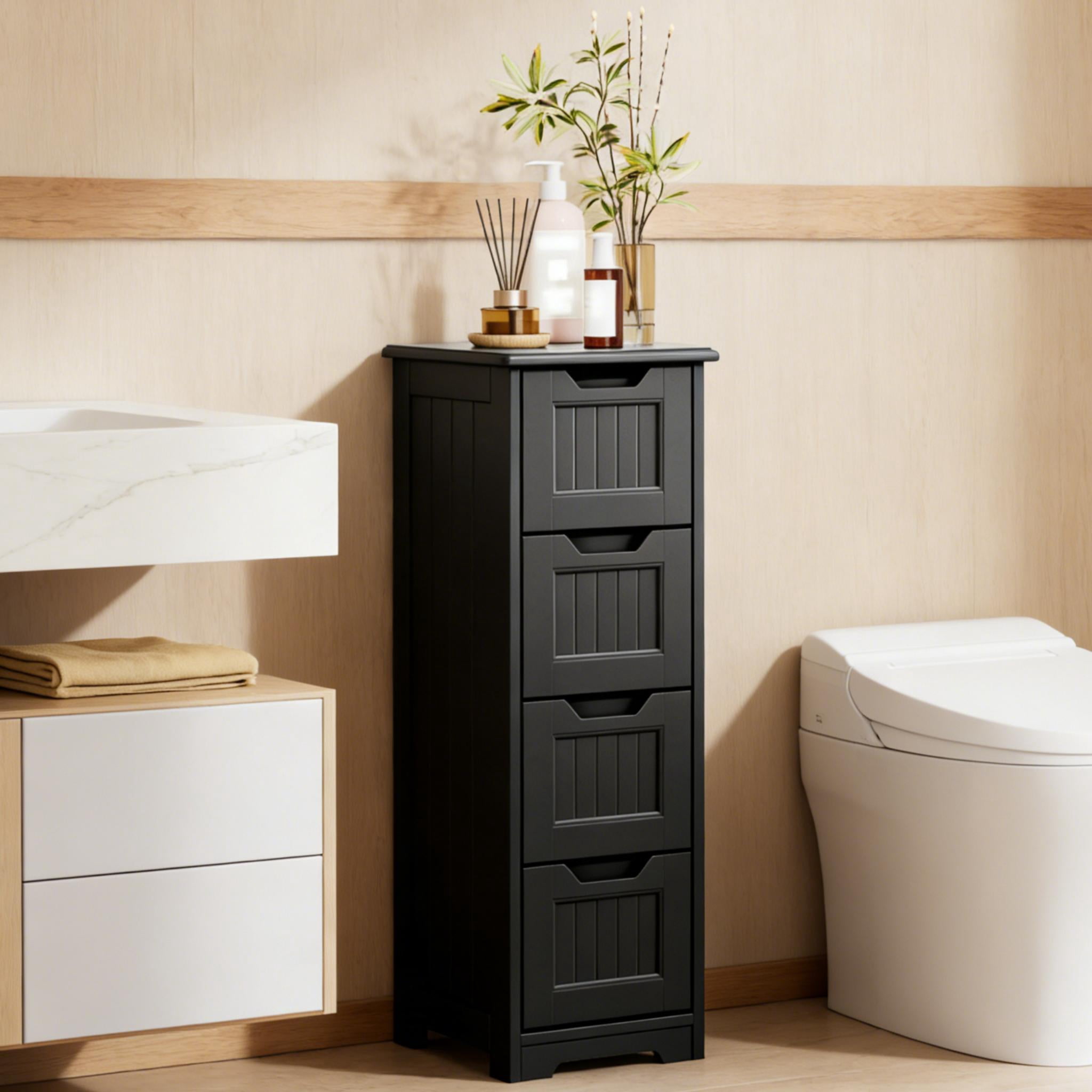 Storage Cabinet, Small Free Standing Narrow Cabinet with 4 Drawers for Living Room, Bedroom, Bathroom,Black