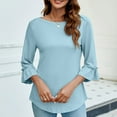 thumbnail image 2 of RYRJJ Womens Tops Dressy Casual Ruffle 3/4 Length Bell Sleeve Shirts Summer Boat Neck Loose Fitted Tunic Blouses(Light Blue,M), 2 of 8
