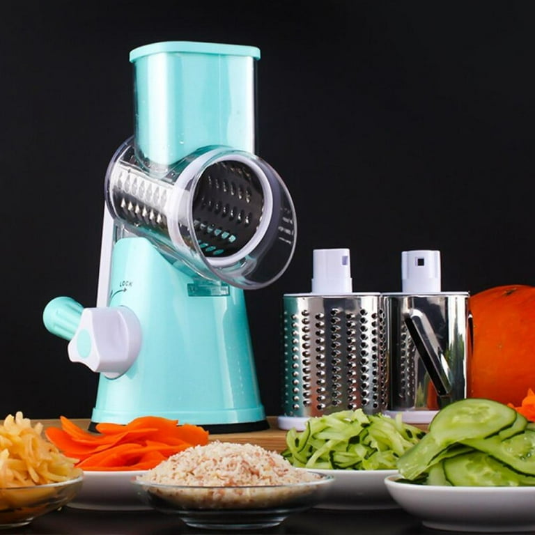 Christmas Sale! Rotary Cheese Grater, Handheld Vegetables Cheese Shredder  with Rubber Suction Base, 3 Stainless Drum Blades Included, Blue 