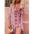 thumbnail image 1 of Femmes Robe Imprimée Florale Vintage, Profonde V Cou 3/4 Manches avant Split Vacances Midi Robe, 1 of 4