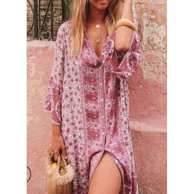 Femmes Robe Imprimée Florale Vintage, Profonde V Cou 3/4 Manches avant Split Vacances Midi Robe