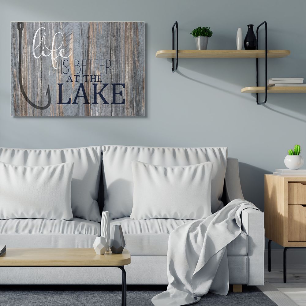 Stupell Industries Life Better Lake Quote Fish Lakehouse Cabin Nautical Phrase Canvas Wall Art Design by Kim Allen, 36" x 48"