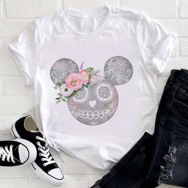 Disney Mickey Mouse Head Print T Shirt Woman Usa Harajuku Youthful Style Disneyland Clothes Aesthetic Fashion Female Tops TeeL Gao Jinjia LED