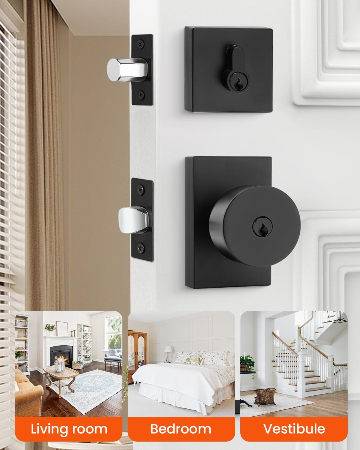 Black Door Knob with Deadbolt, Zinc Alloy Matte Black Exterior Door Lock Set, Heavy Duty Front Door Knob and Deadbolt Set with Lock and Key, Reversible Modern Secure Entry Hardware (2 Pack)