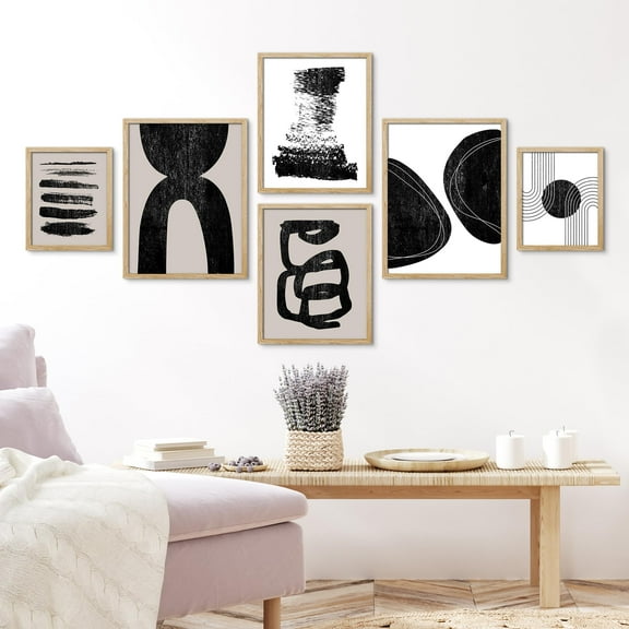 PixonSign Framed Canvas Print Wall Art Set - Grunge Black & Brown & White Paint Stroke Polygons Poster Modern Art - Collage Gallery Set of 6 Abstract Illustrations Wall Décor for Home - Natural