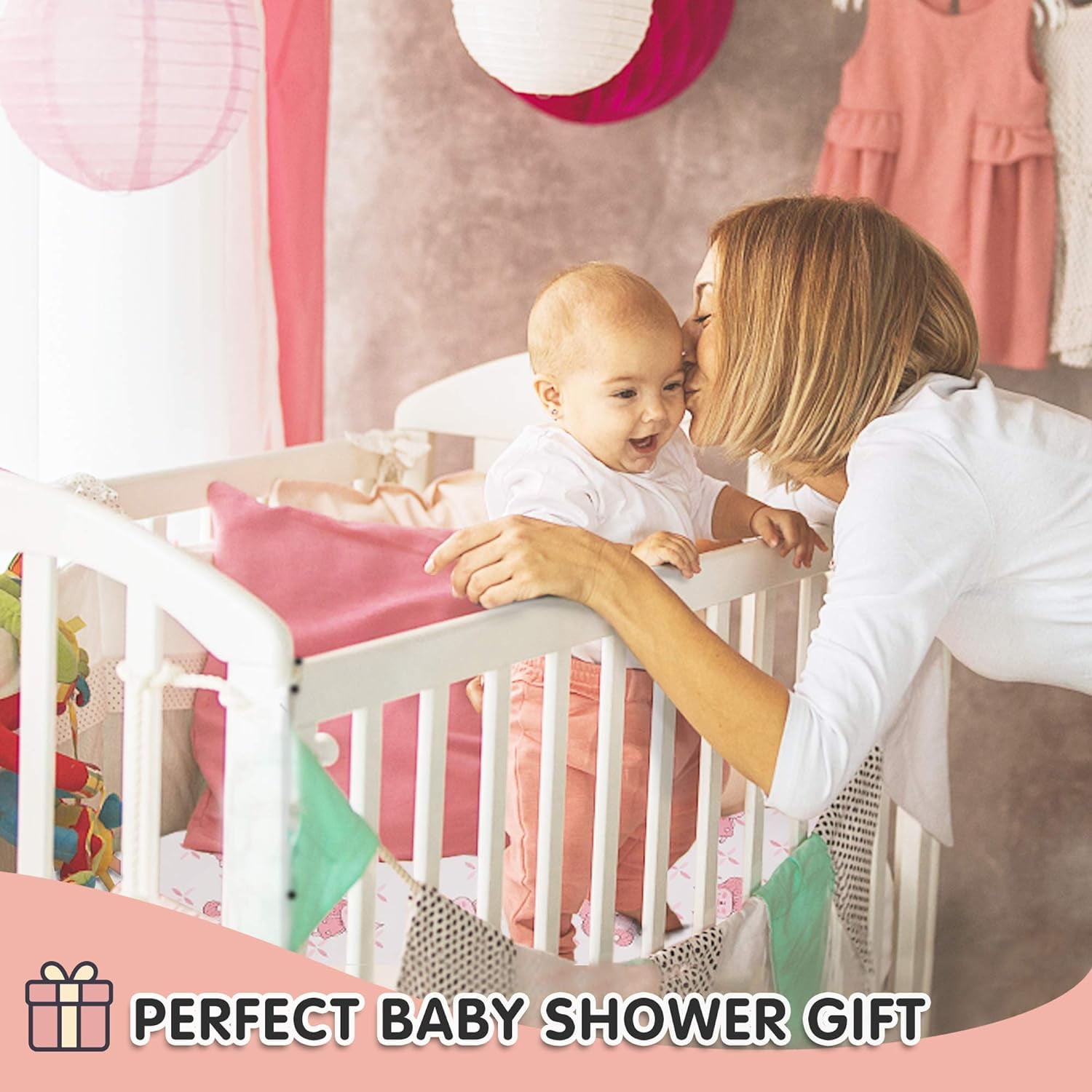 Sweet Baba Pink & White Crib Bedding Sets for Girls 3 Pcs, Squirrel Baby Crib Bedding Set Including Crib Quilt/Crib Skirt/Crib Sheet
