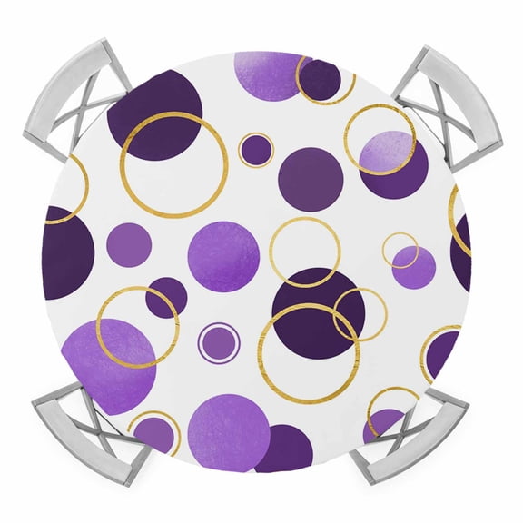 Elastic Fitted Round Tablecloth, Purple Polka Dots Waterproof Stretch Table Cover for 36"-44" Tables, Modern Abstract Art Washable Outdoor Tablecloths for Patio, Picnic, Camping