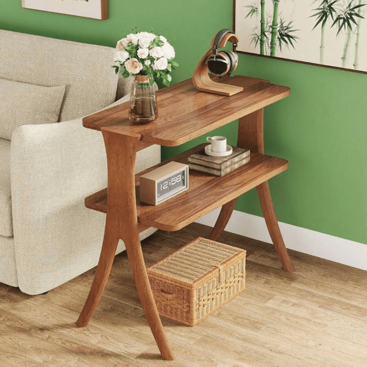 2-Tier Narrow Side Table, Walnut Wood Grain, Herringbone Legs for Living Room/Bedroom/Entryway