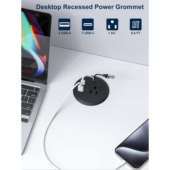 PYYAN-Desktop Power Grommet Outlet PD 20W Fast Charging USB-C,Tamper-Resistant Design AC Outlets,3.15'' Cable Hole Grommet Outlet,Recessed Power Grommet with 3 USB Ports (1-Pack)