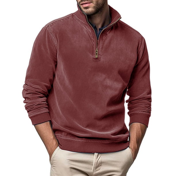 Blusa y camisa de manga larga con cuello alto para hombre, informal, de color liso, con cremallera, de poliéster