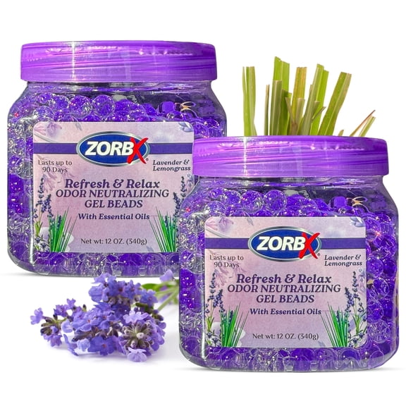 ZORBX Odor Neutralizer Gel Beads w/ Lavender & Lemongrass, 12oz Long Lasting Air Freshener for Living Room, Bathroom & Car (2 Pack)