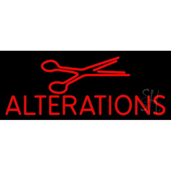 Red Alteration With Scissor LED Neon Sign 13" Tall x 32" Wide - inches, Black Square Cut Acrylic Backing, with Dimmer - Bright and Premium built indoor LED Neon Sign for Storefront.
