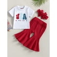 thumbnail image 2 of Independence Day Kids Baby Girls Clothes Letter Stars Print Short Sleeve T-Shirts Red Flare Pants Headband 3Pcs Set, 2 of 8