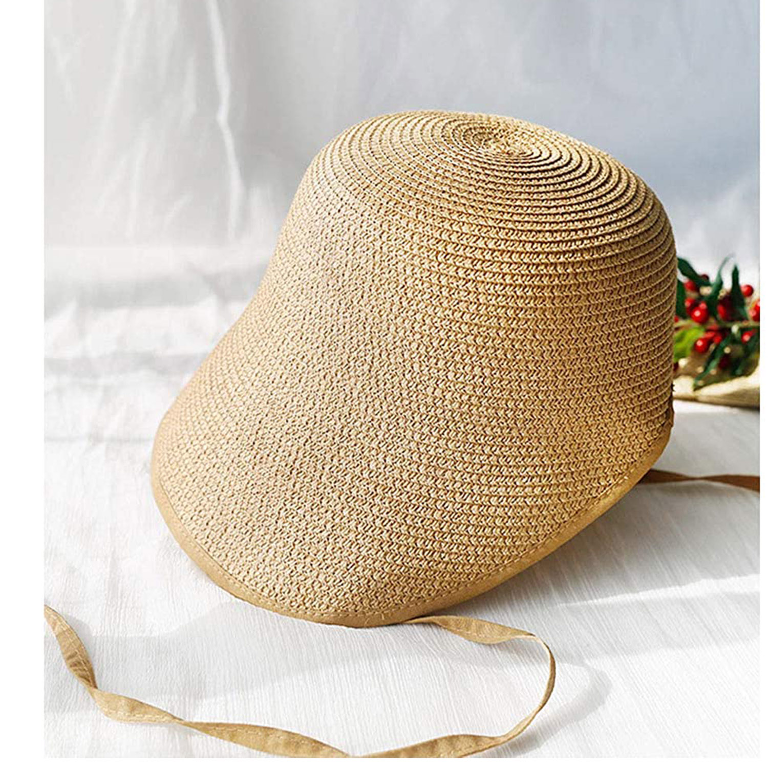 French Straw Bonnet Cap for Women Victorian Sun Hat Chin Strap Foldable Ladies Vacation Summer Beach Bucket Hats