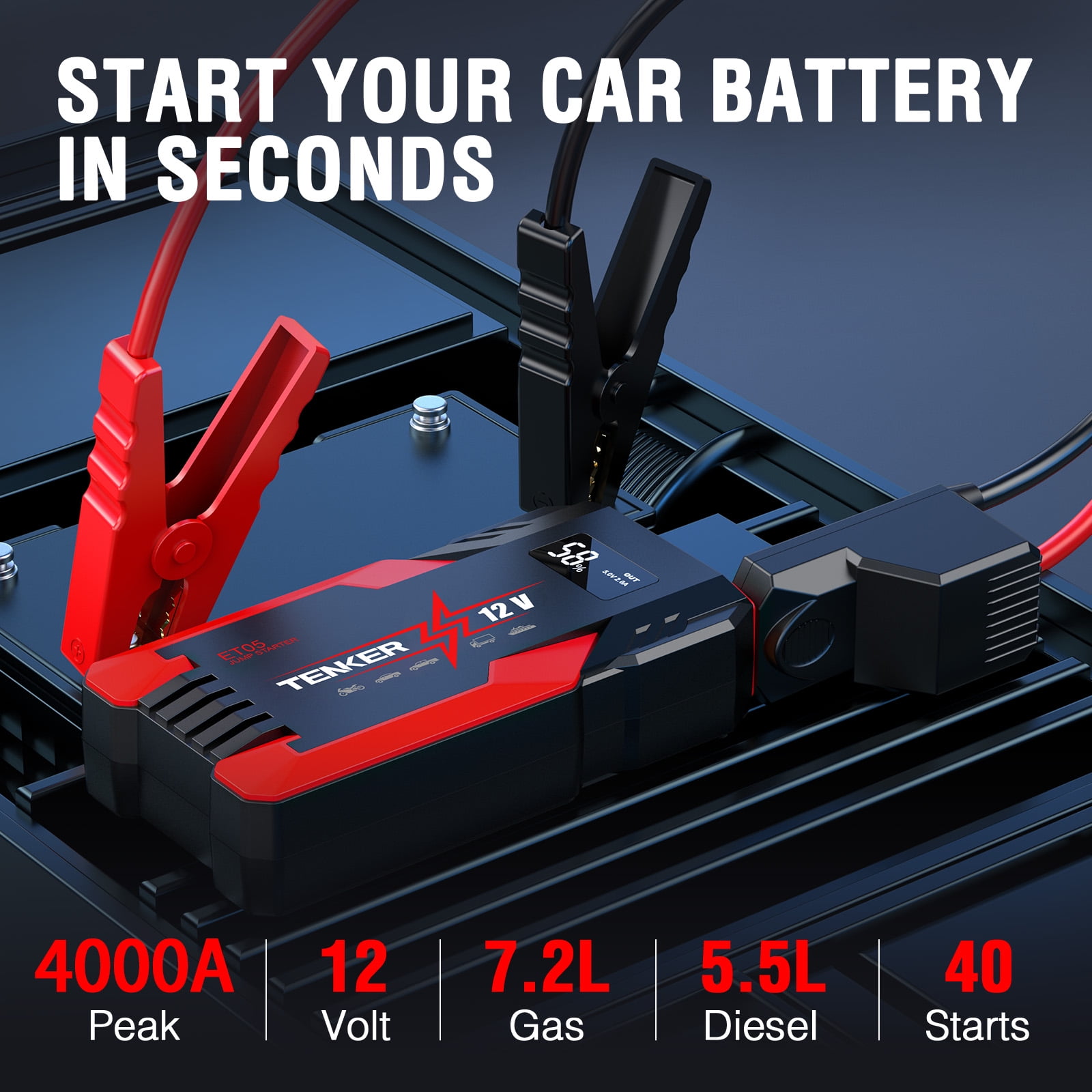Multi-functional Car Jump Starter, 4000A Peak Car Battery Jump Starter, Portable Jump Starter Battery Pack for up to 7.2L Gas and 5.5L Diesel Engines, 12V Auto Battery Booster w/ 3 LED Modes