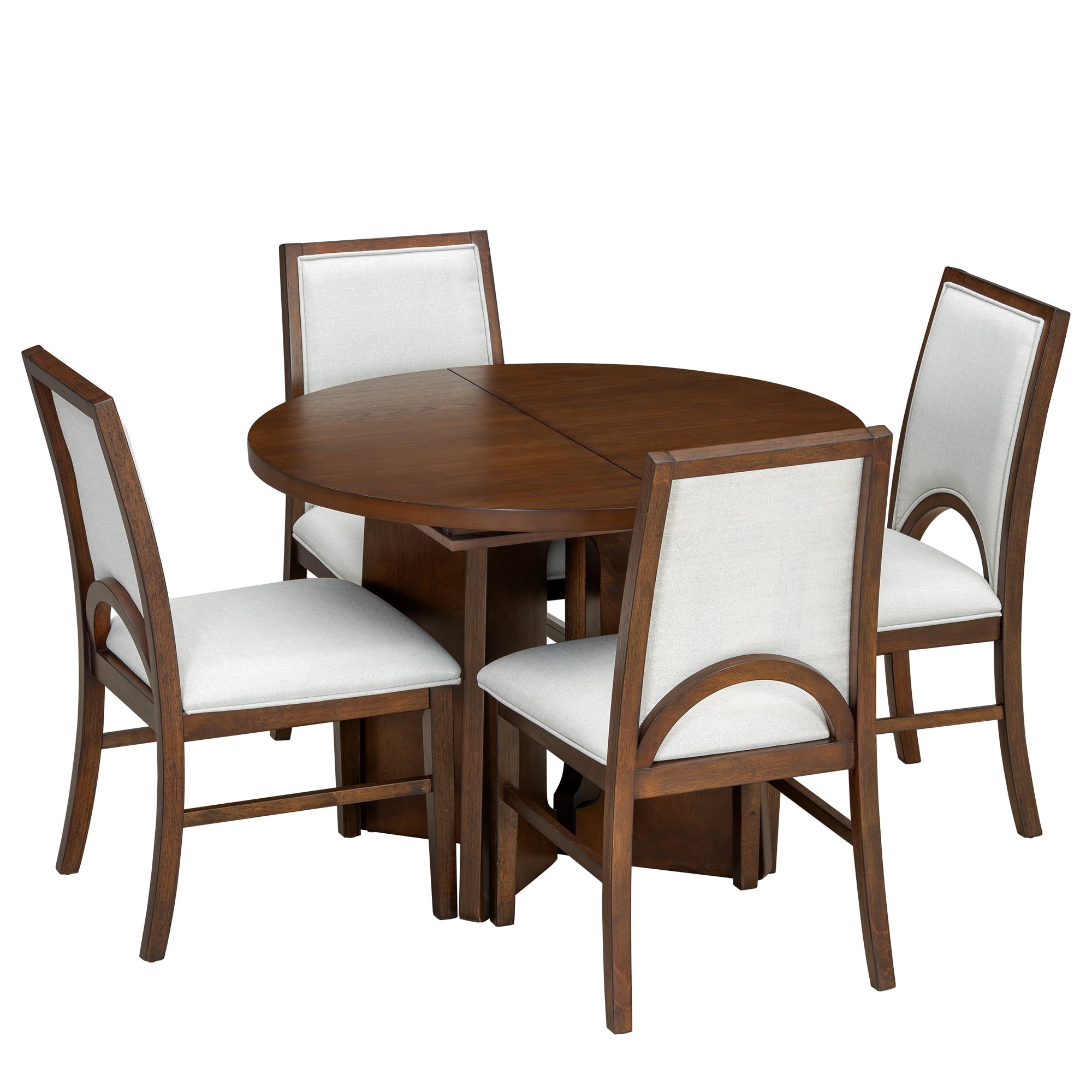 Euroco 5 Piece Wood Round Dining Table Set for 4, 41.3"-57.3" Extendable Kitchen Table Set with 4 Upholstered Chairs & Removable Leaf for Kitchen,Dining Room,Brown