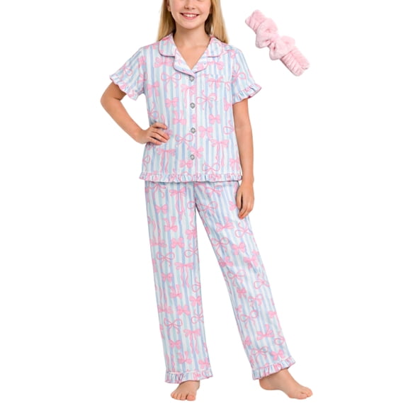 dELiA*s Girls Pajama Set Soft Cozy Button Down Sleepwear Pajamas for Girls with Spa Headband 2 Piece