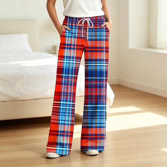 Women Drawstring Sleep Pants Plaid Printed Loose Casual Loungewear Pajama Bottoms with Pockets M