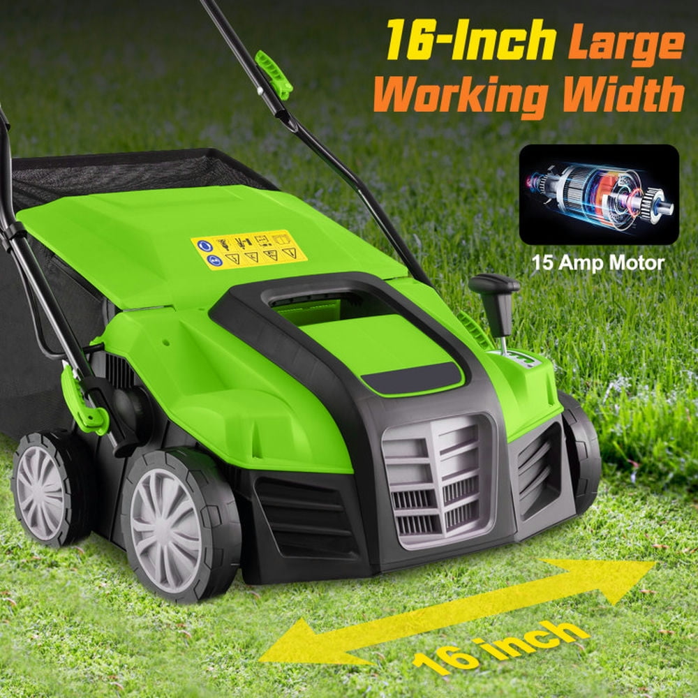 Spaco 16-Inch Electric Lawn Dethatcher and Scarifier with Collection Bag-Green