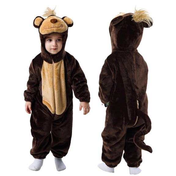 Kids Toddler Halloween Monkey Costum,Hooded Halloween Jumpsuit Soft Plush Halloween Pajamas Sleepwear One Piece for Boys Girls 0-3Y