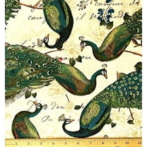 1 Yard - Peacock Birds Feathers Sue Schlabach on Cream Cotton Fabric (Great for Quilting, Sewing, Craft Projects, Throw Pillows & More) 1 Yard X 44" Wide