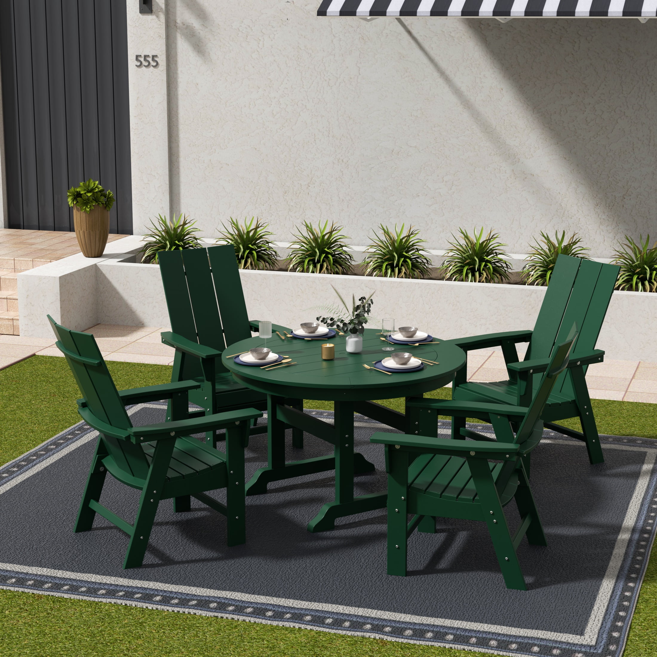 WestinTrends Ashore 5 Pieces Adirondack Outdoor Dining Set, All Weather Poly Lumber Slatted Modern Farmhouse Patio Furniture Set, 47" Trestle Round Table and 4 Adirondack Dining Chair, Dark Green