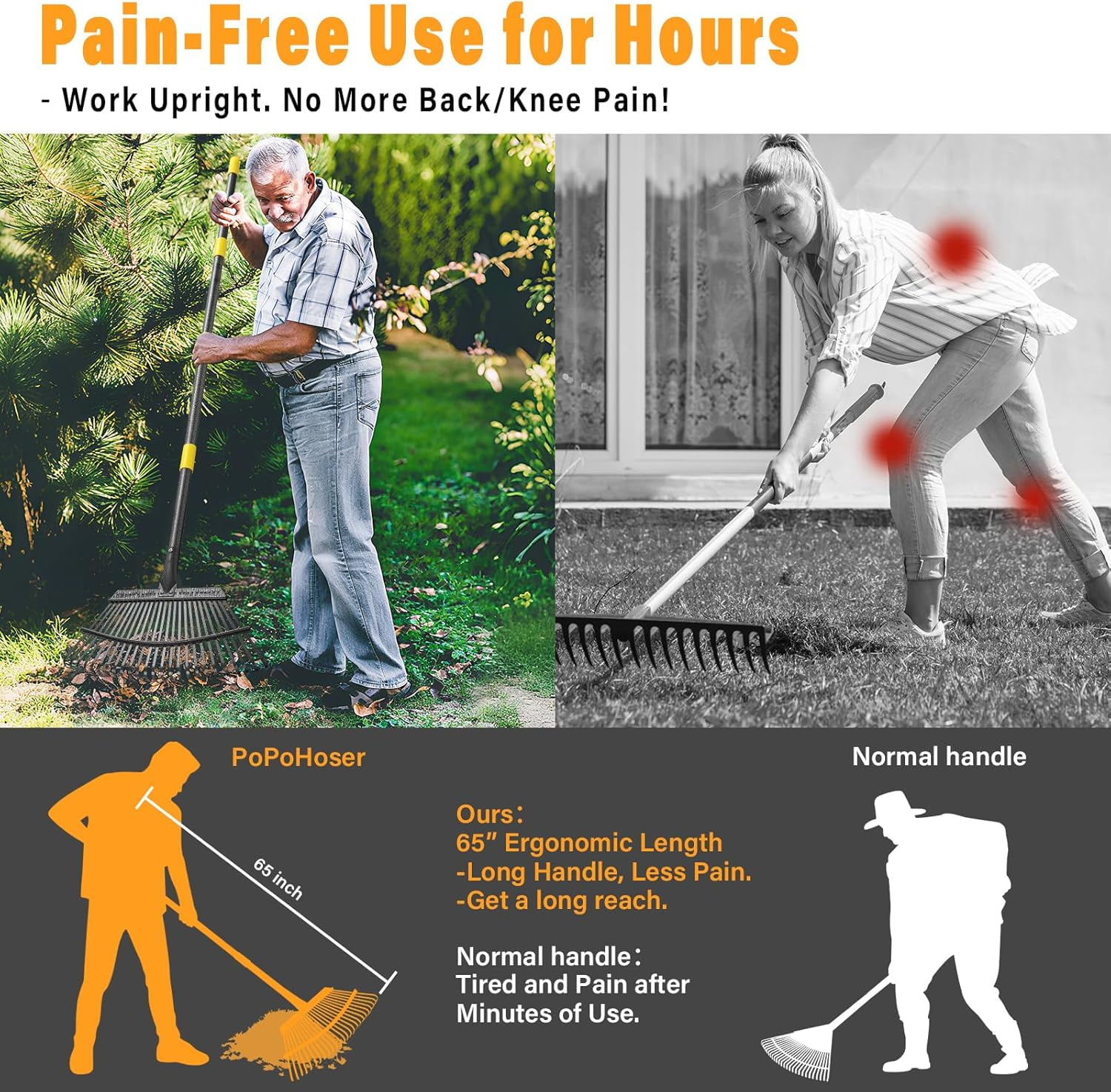 Rake for Leaves - 25 Tines Heavy Duty Metal Set with Leaf Scoops & Collector Bag, Adjustable Rakes Lawns, 3-in-1 Collection Tool Efficient Yard Pine Needle Grass Cleanup 5FT
