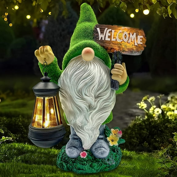 Garden Gnome Statue Outdoor Decor Large Flocked Resin Gnome Figurine with Solar Light Holding Lantern Welcome Sign Garden Yard Decorations Dwarf Sculpture for Outside Patio Porch Lawn Decor