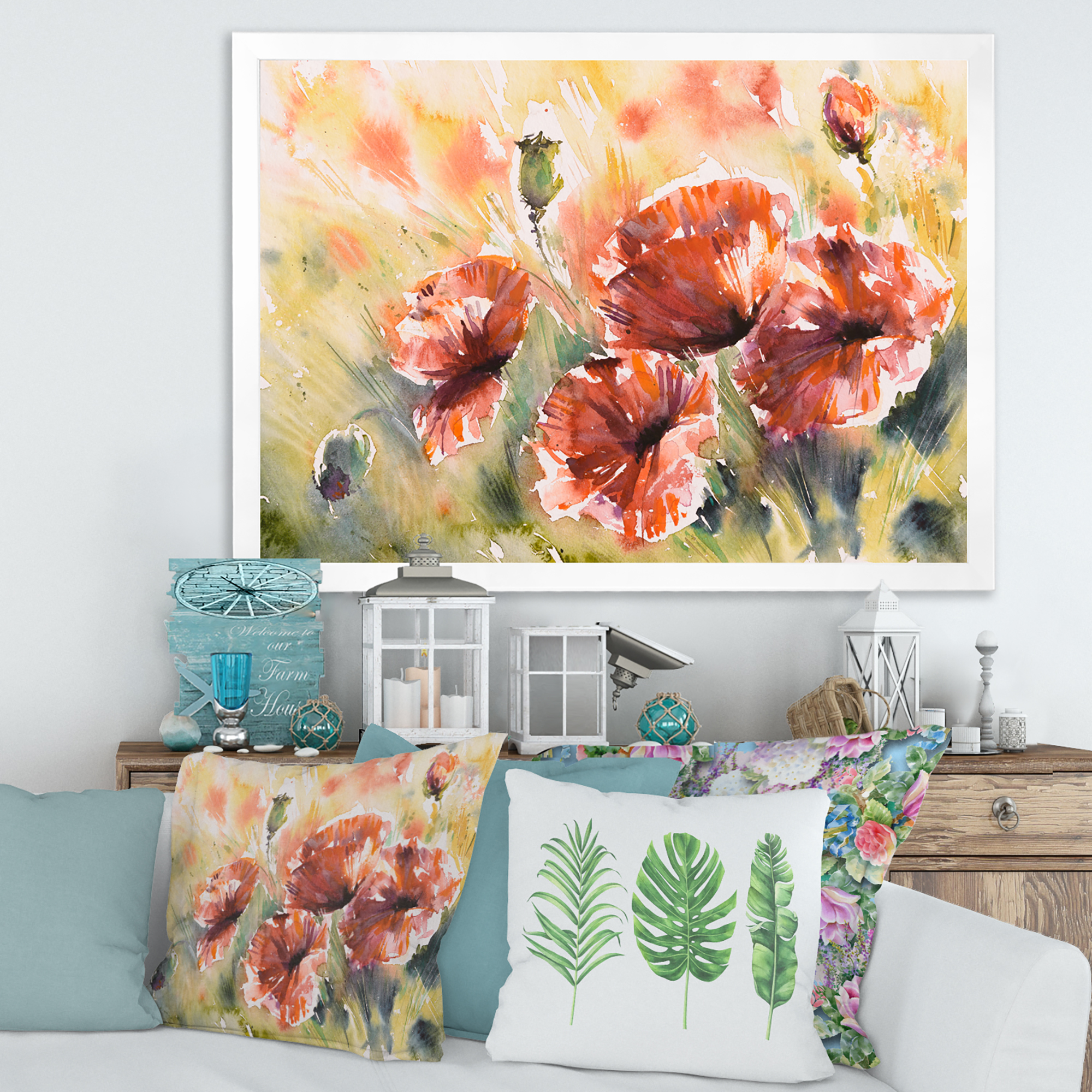 Designart 'Abstract Red Poppy On A Field' Traditional Framed Art Print