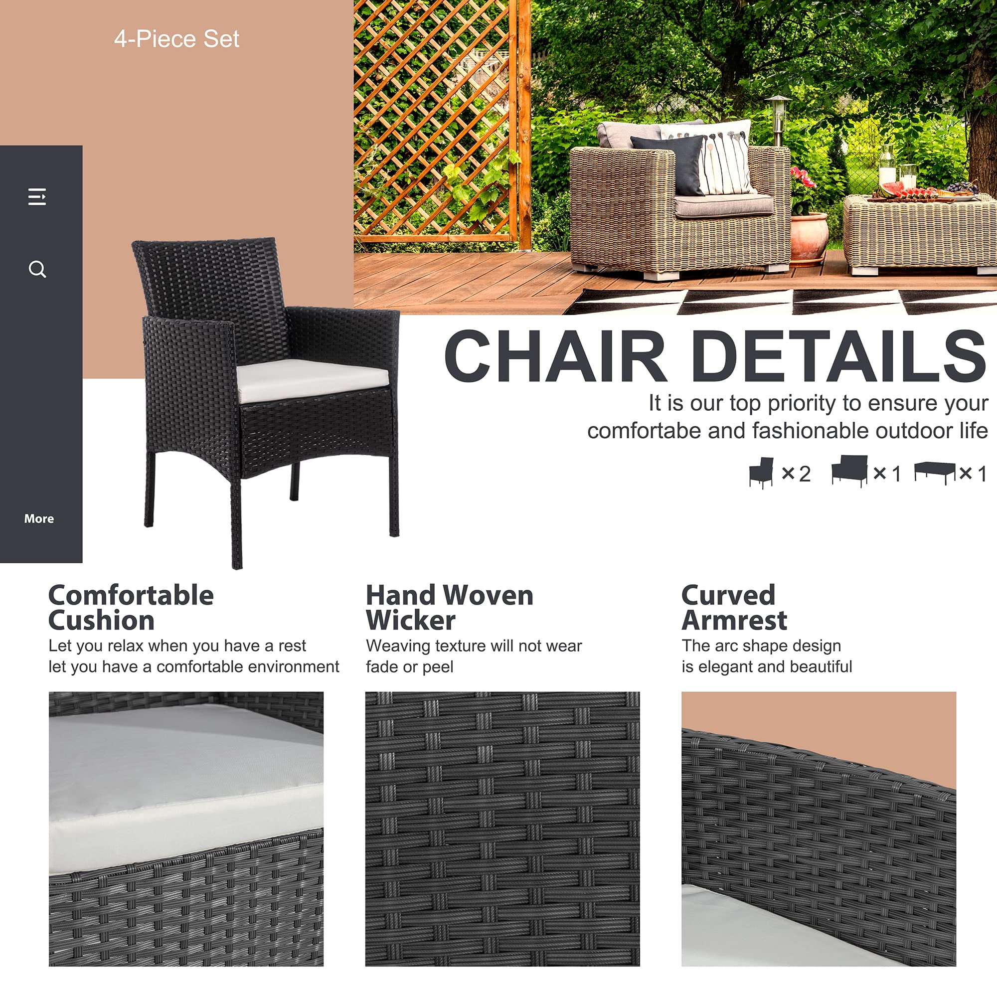 YIORTWO 4-Piece Outdoor Patio Furniture Set, Wicker Sofa Set with Thick Cushions, All-Weather Rattan Deep Seating Set with Tempered Glass Table, Black