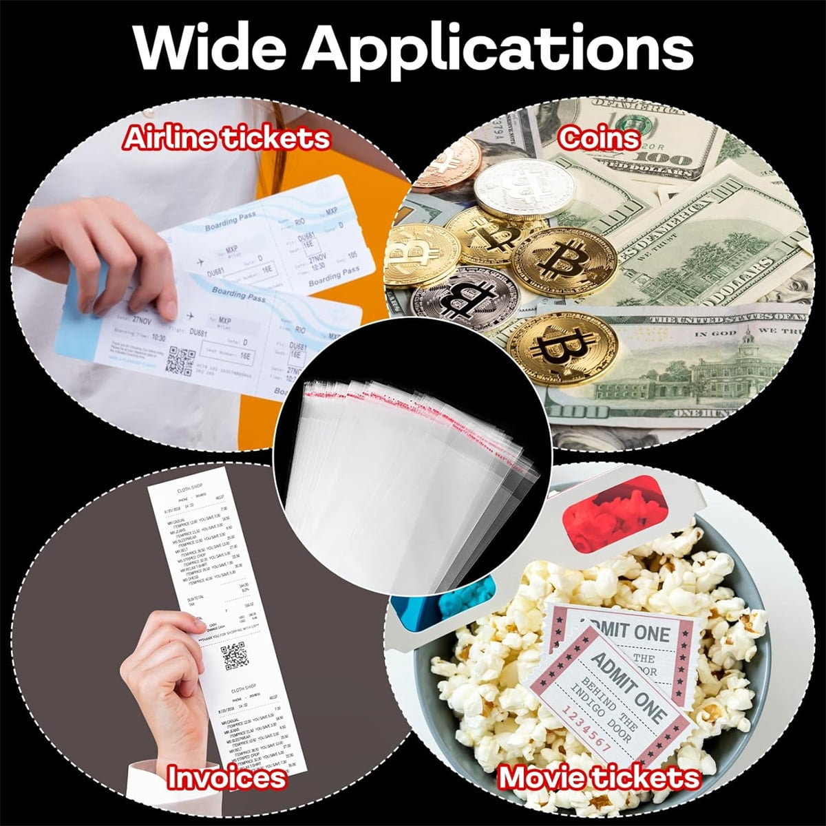 Reusable Currency Sleeves,200pcs Adhesive Self-Sealing Packing Bags,HYG Plastic Banknote Storage Pouch for Gift,Birthday,Wedding