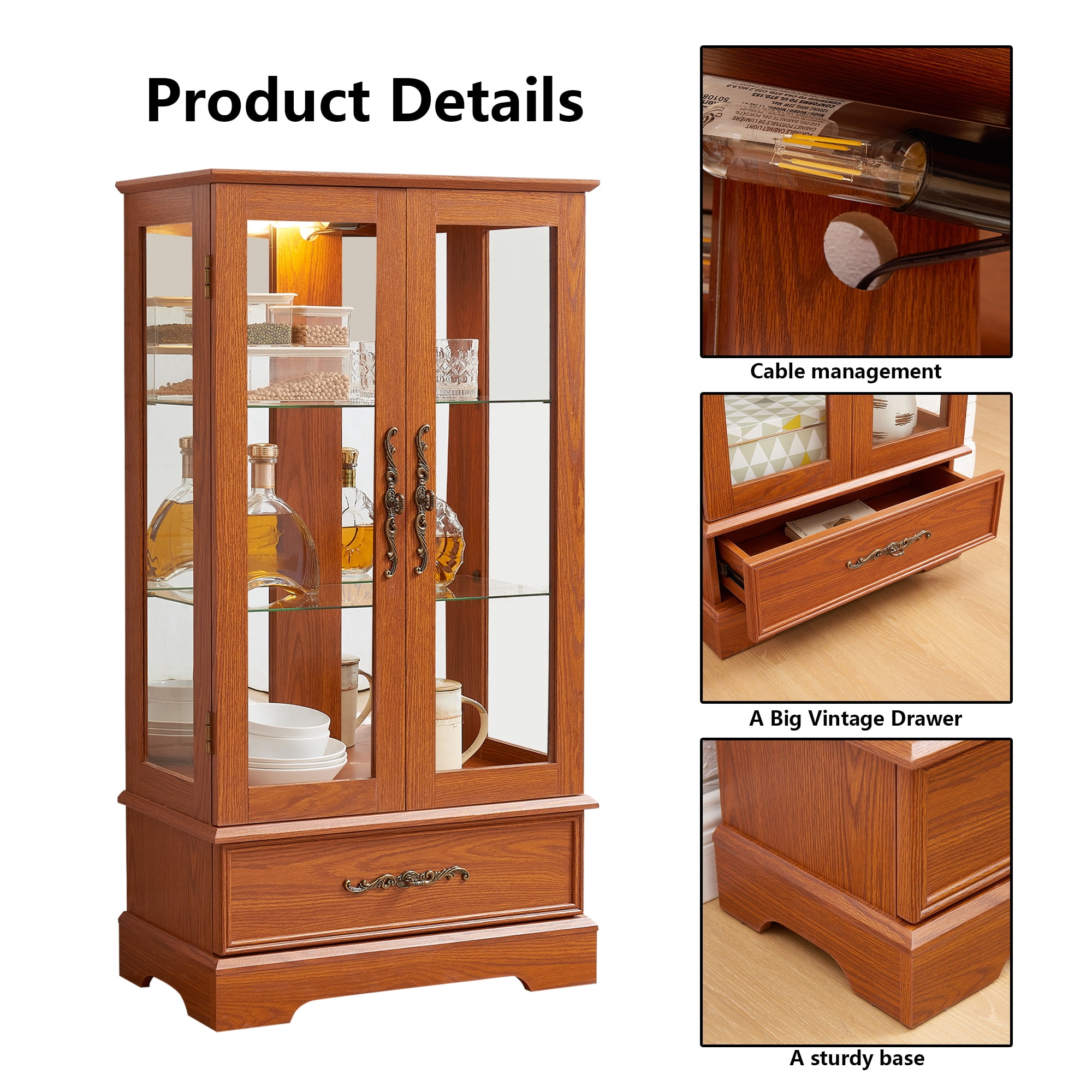 HIUU Glass Display Cabinet with Lights,Small Curio Cabinet with Glass Doors,China Cabinets,Lighted Curio Cabinets,Vitrinas Para Colecciones(Oak)