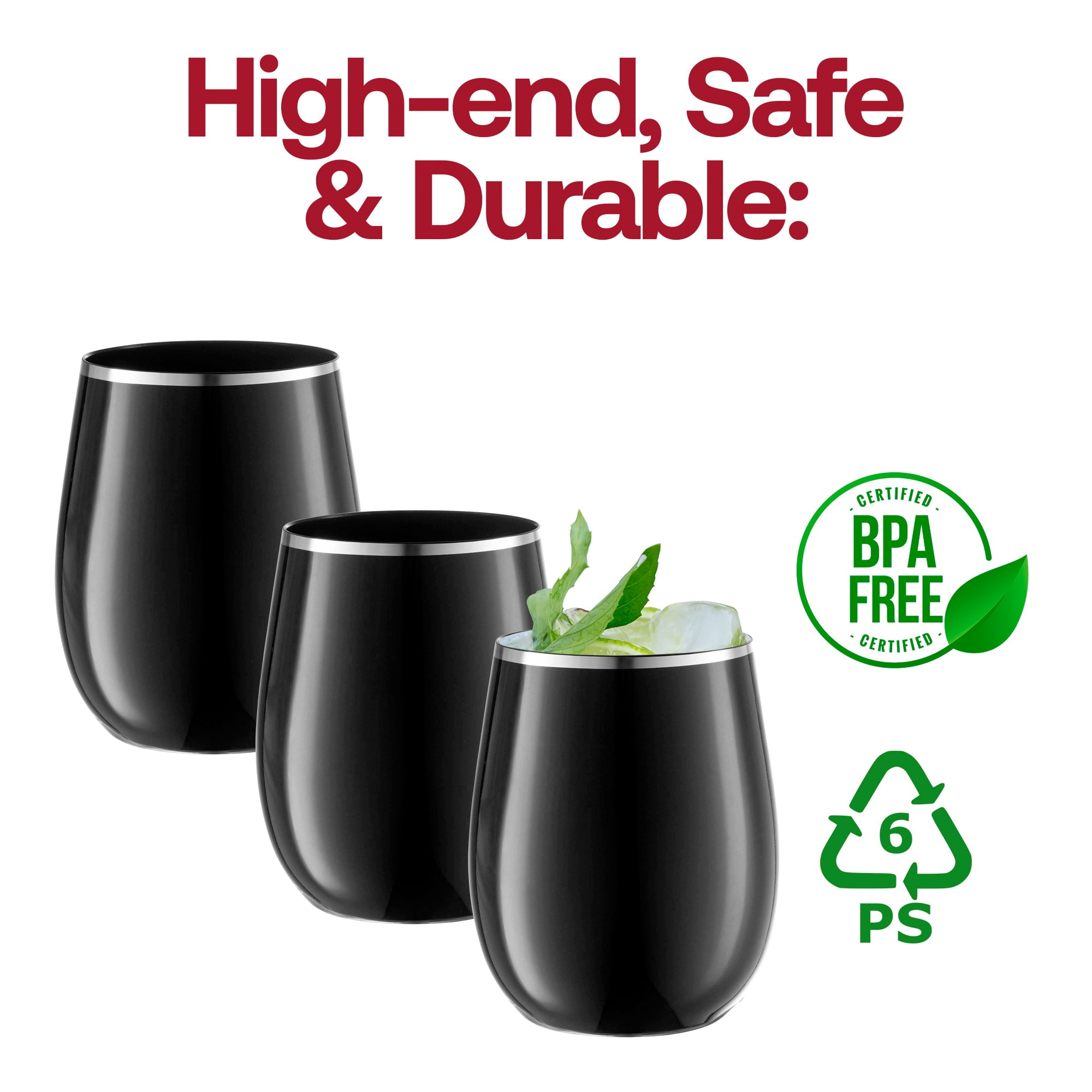 Smarty 12 oz. Black with Silver Elegant Stemless Plastic Wine Glasses 64ct