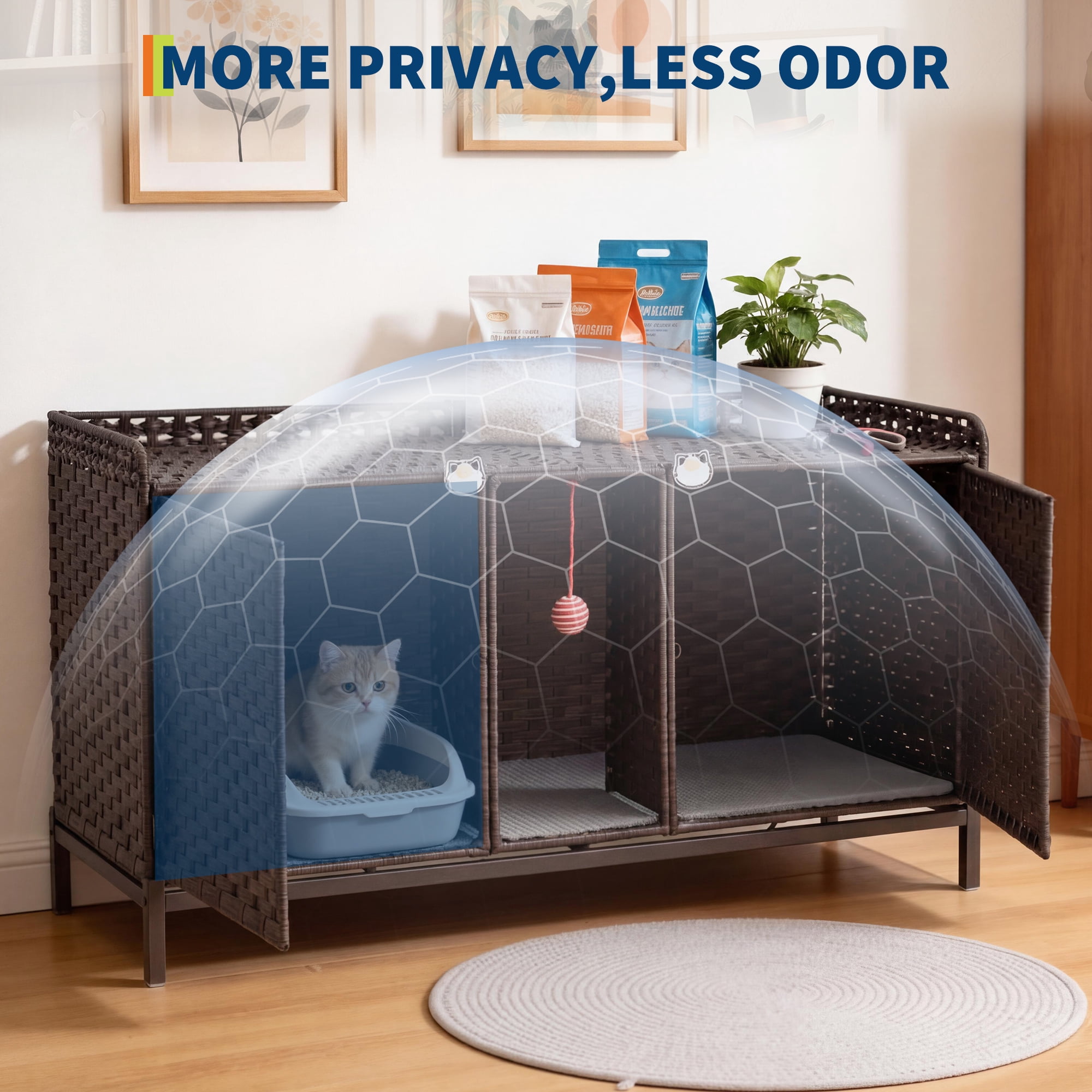 Rattan Double Cat Litter Box Enclosure - Hidden Cabinet for 2 Cats with Removable Mat, Play Game & S-Shaped Hooks - Large Decorative Cat Washroom Furniture for Living Room or Bedroom - Brown