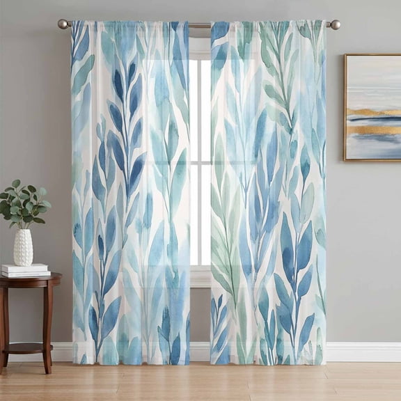 Blue Green Leaf Sheer Curtains 84 Inch Length 2 Panels Set, Summer Vintage Watercolor Plant Voile Window Treatment Rod Pocket Curtains Sheers Drapes for Bedroom/Living Room/Kitchen 52"x84"x2