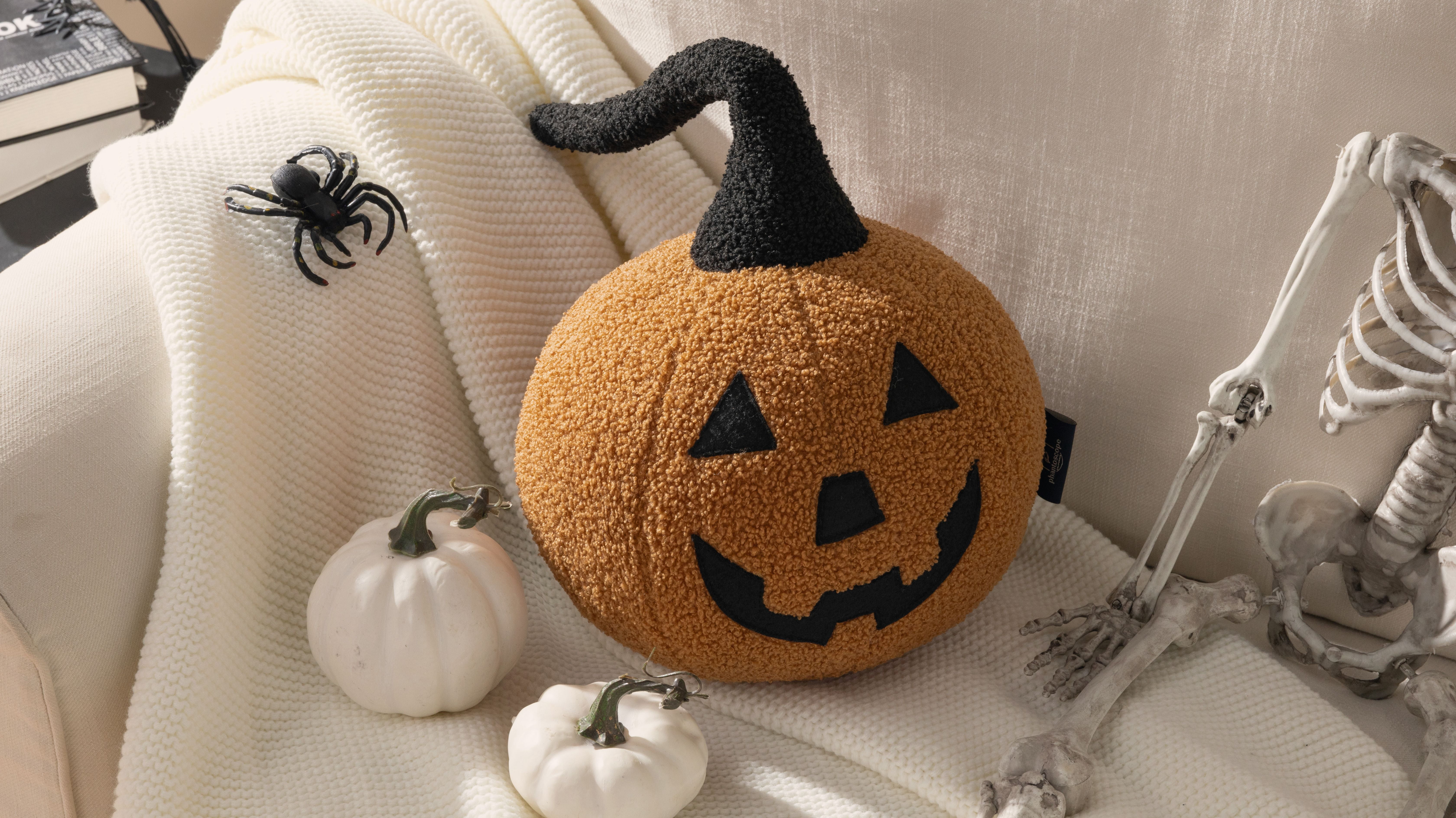 Phantoscope Halloween Pumpkin Shaped Throw Pillow, Jack-o’-Lantern Face, Soft Teddy Fleece Decorative Pillow, Orange, 9.5 x 9.5 in