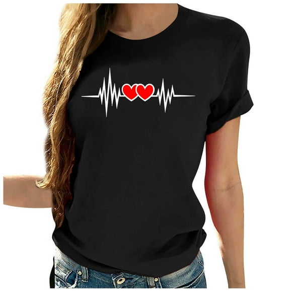 fartey Graphic Top for Women Summer Heartbeat ECG Heart Print Casual Tshirts 2023 Roomy Comfy Crewneck Short Sleeve Blouses