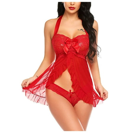

Miarhb Women s Lingerie Lace Ruffle Sling Nightdress Pajamas Set Satin 2 Piece With Chest Wrap