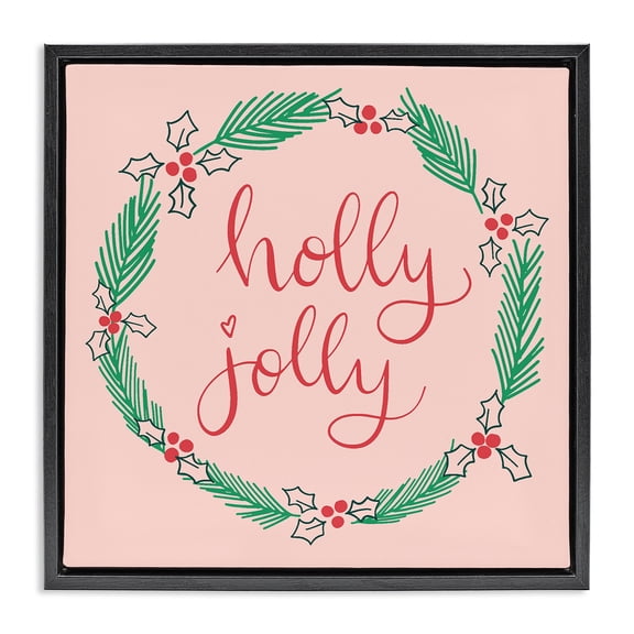 Stupell Industries Minimal Holly Jolly Wreath Quotes and Sayings Painting Black Floater Framed Canvas Art Print Wall Art, 18 x 18