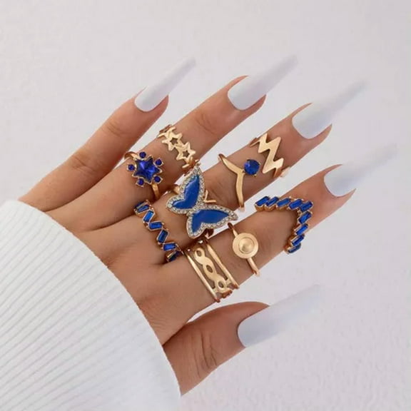 GKNET 2024 Fashion Women Boho Retro Color Silver Finger Knuckle Rings Set Delicate Jewelry Gift-9pcs Blue Butterfly