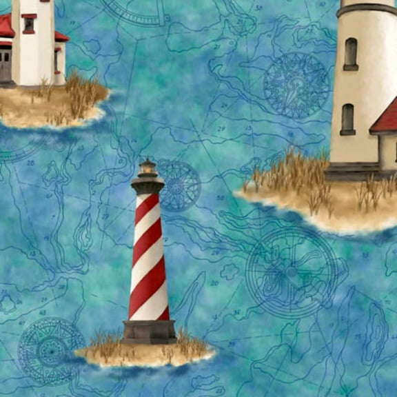 This  That VIII Lighthouses Blue Cotton Fabric