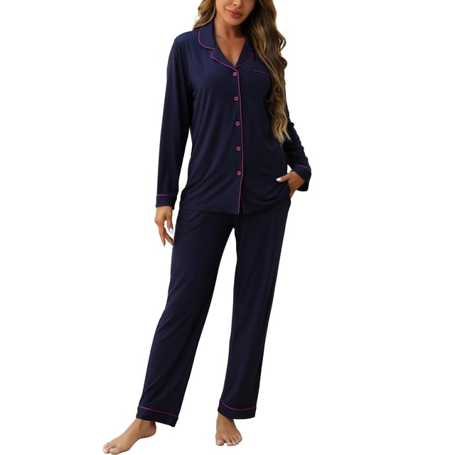 Conjunto de pijama ZMJ Modal Manga Larga Camisa y Pantalones Azul Marino S